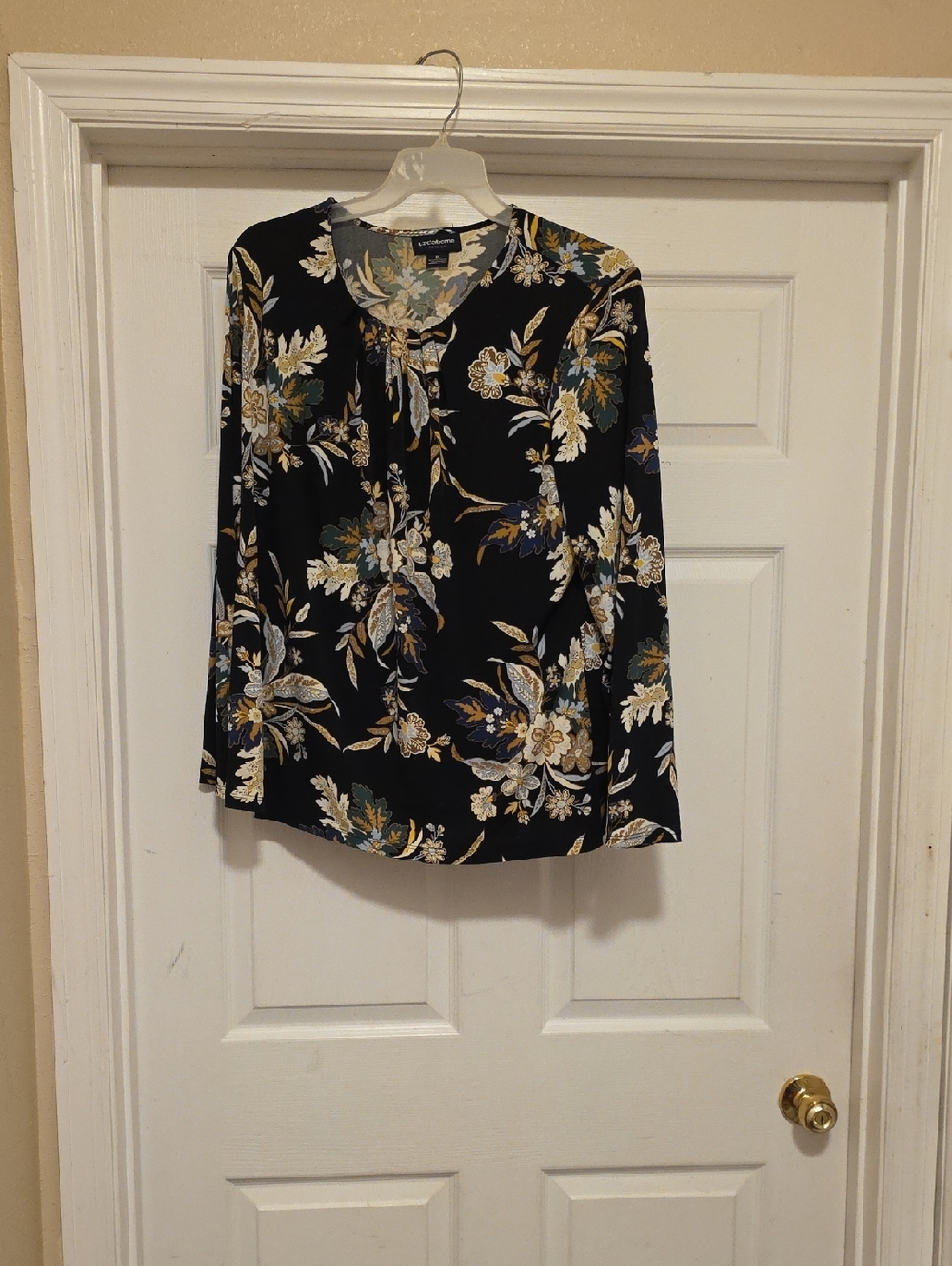 Liz Claiborne Black Floral Long Sleeve Blouse with Gold and Blue Accents
